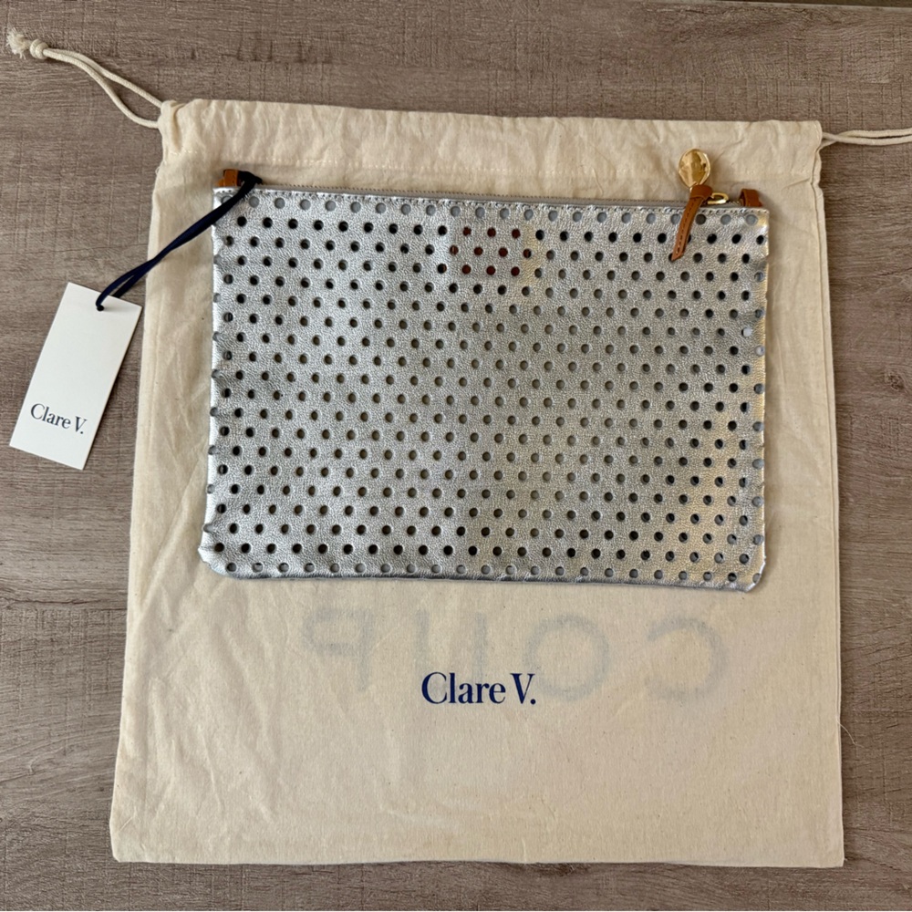 Clare V Flat Clutch with Tabs - Silver Punch Hole Perf - RARE!
